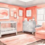 Modern watercolor illustration of a baby room in coral theme, featuring a humidity monitor showing the optimal humidity range, addressing the question: what should the humidity be in a baby room.