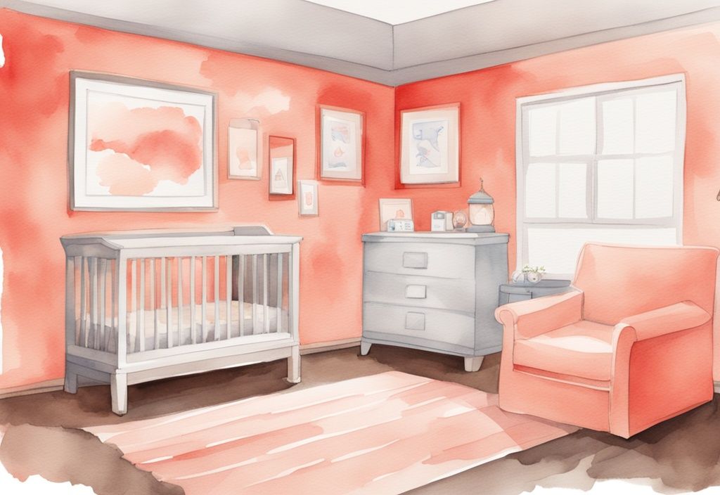 Modern watercolor illustration of a baby room in coral theme, featuring a humidity monitor showing the optimal humidity range, addressing the question: what should the humidity be in a baby room.