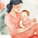 Modern watercolor illustration of a mother placing her baby in a homemade balance system, depicting how to weigh baby at home in a safe and cozy environment, with a coral color theme.