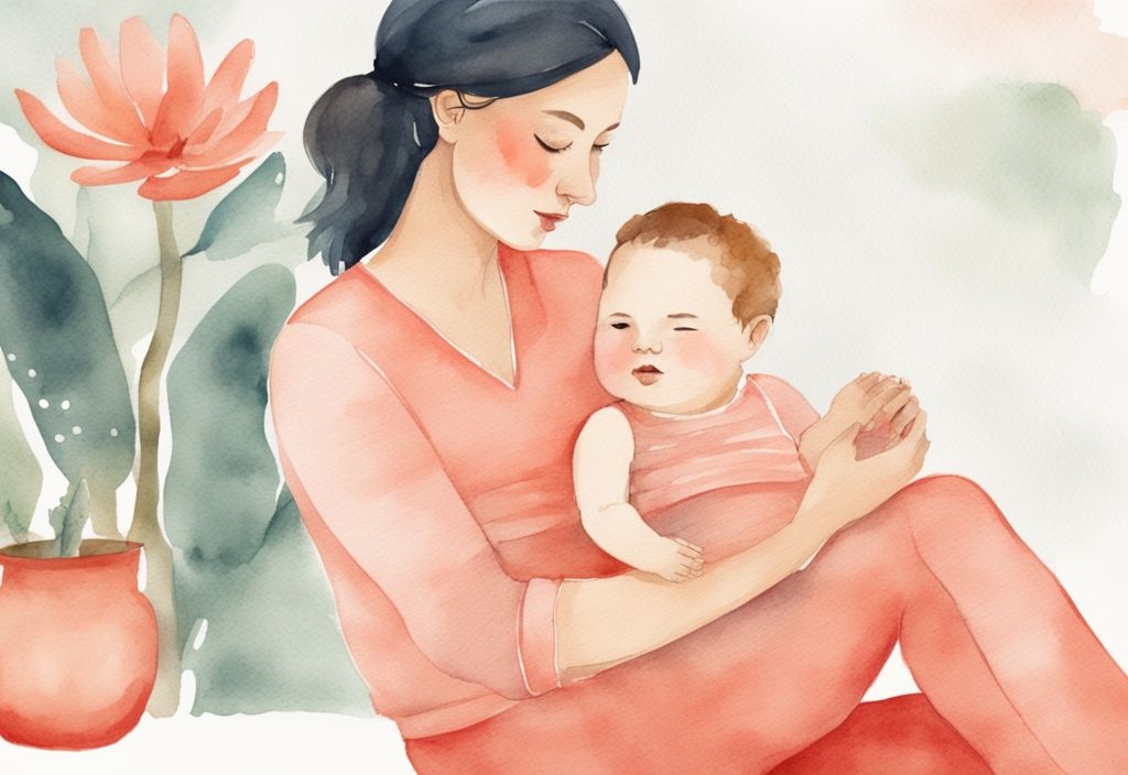 Modern watercolor illustration of a mother placing her baby in a homemade balance system, depicting how to weigh baby at home in a safe and cozy environment, with a coral color theme.