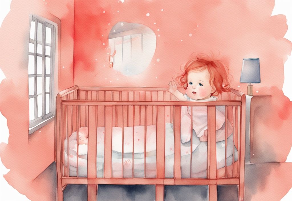 Modern watercolor illustration of a baby girl in a crib gently tugging her hair with sleepy eyes, addressing the question: why does my baby pull her hair when going to sleep.