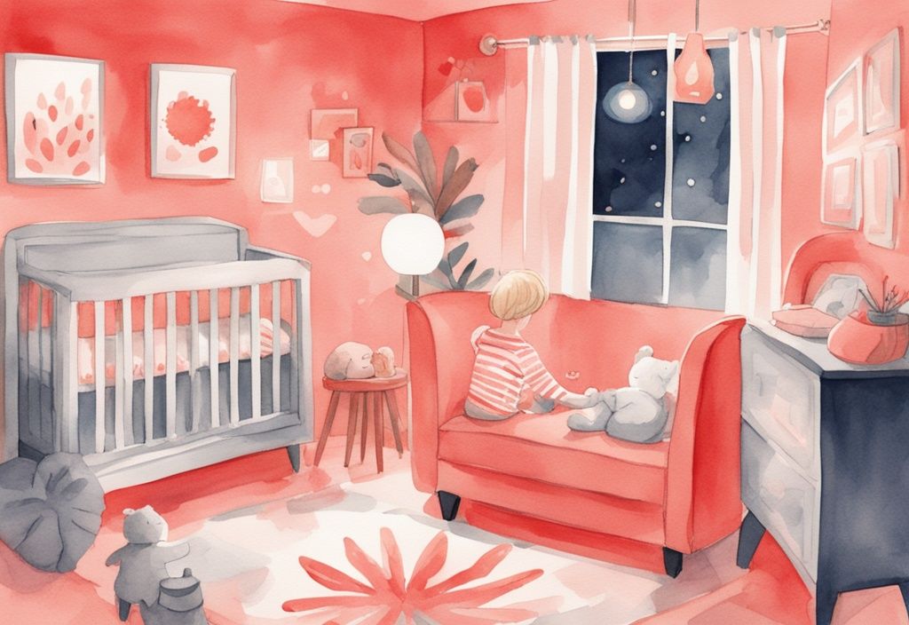 Modern watercolor illustration of a caregiver turning off a red night light in a serene baby room, highlighting when to stop using red light for baby.