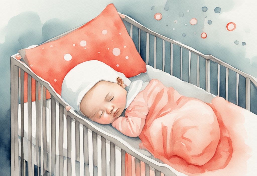 Modern watercolor illustration of a baby sleeping in a crib with a coral color theme, showing proper humidifier distance.