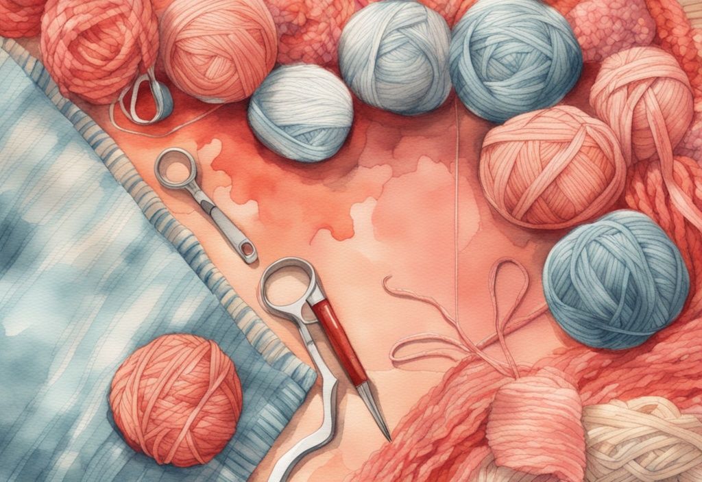 Modern watercolor illustration of colorful yarn balls and half-finished baby blanket with coral theme and measuring tape.