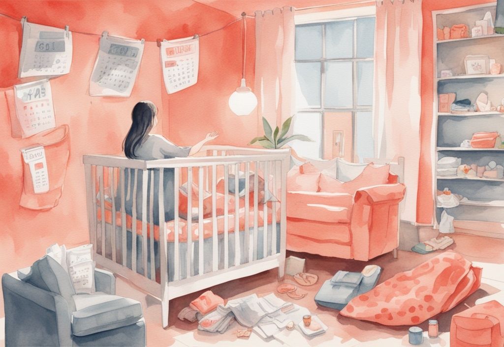 Modern watercolor illustration of a glowing pregnant woman observing a calendar, surrounded by baby items like clothes, toys, and a crib, depicting when to start buying baby stuff.