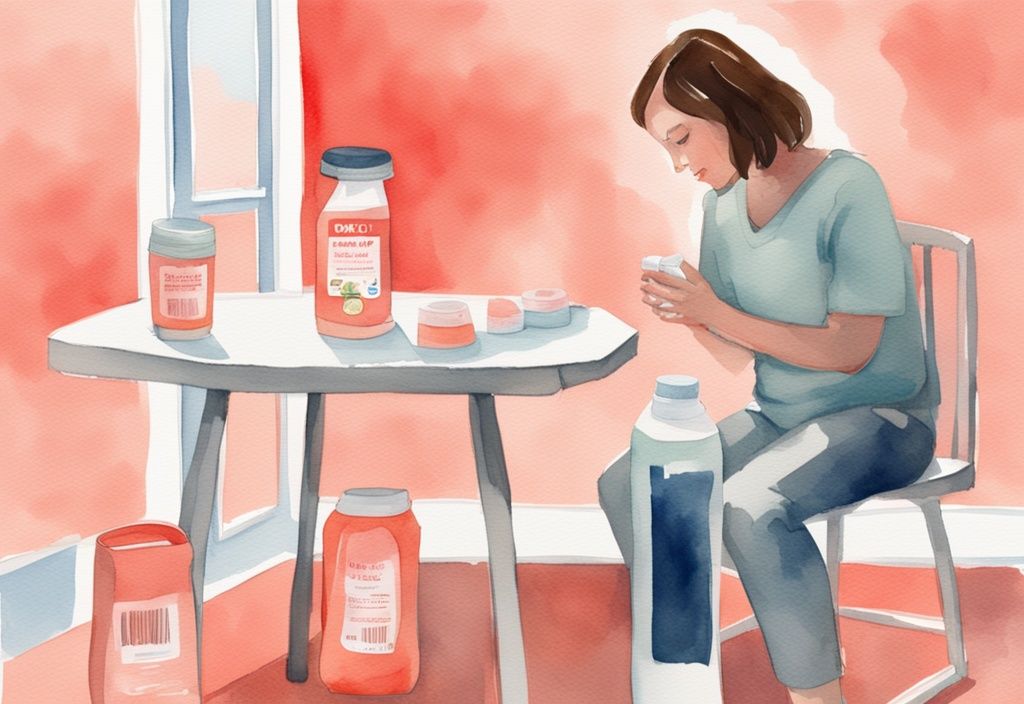 Modern watercolor illustration of a concerned parent examining expired baby formula bottle, baby in high chair, coral color theme.