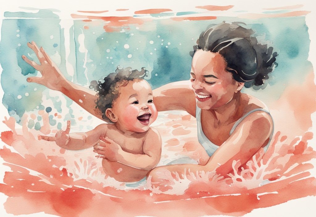 Modern watercolor illustration of a joyful baby kicking in a clear shallow pool, supported by a caring parent, with a coral color theme.