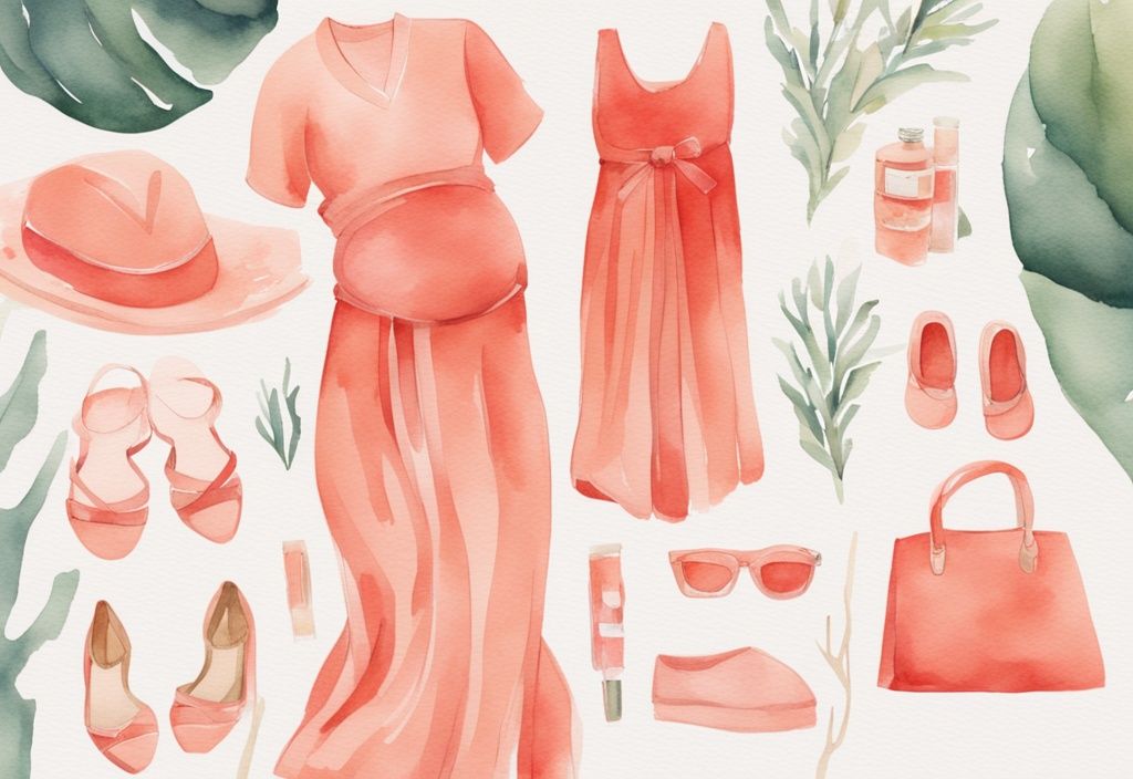 Modern watercolor illustration of a woman in coral-themed casual chic attire for a baby shower, with trendy maternity wear options on a table.