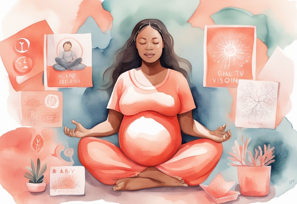 Coral-themed watercolor illustration of a pregnant woman meditating, surrounded by positive affirmation cards and a baby vision board.