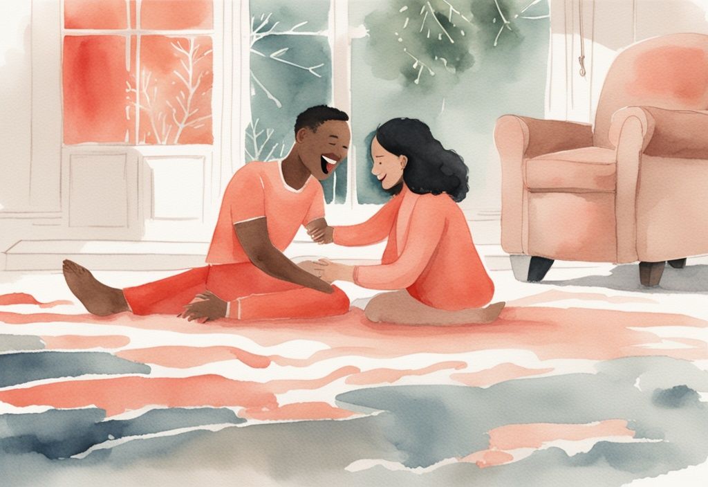 Modern watercolor illustration of a parent guiding a baby rolling over on a coral-themed rug.