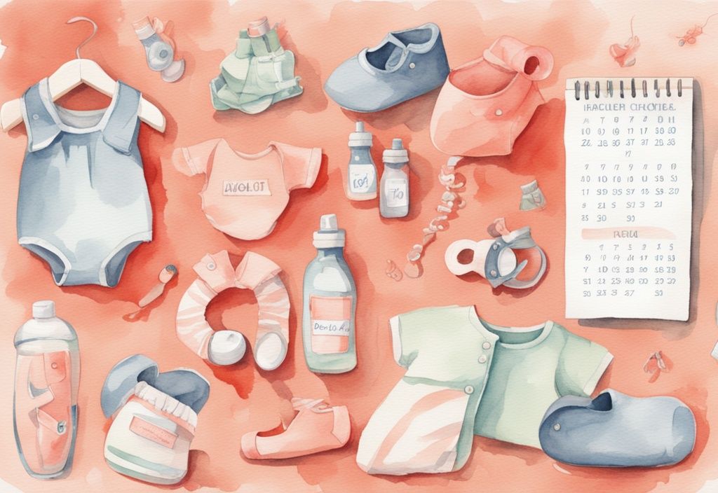 Modern watercolor illustration in coral theme showing a baby shopping schedule calendar with marked dates featuring baby items like bottles, pacifiers, and baby clothes.