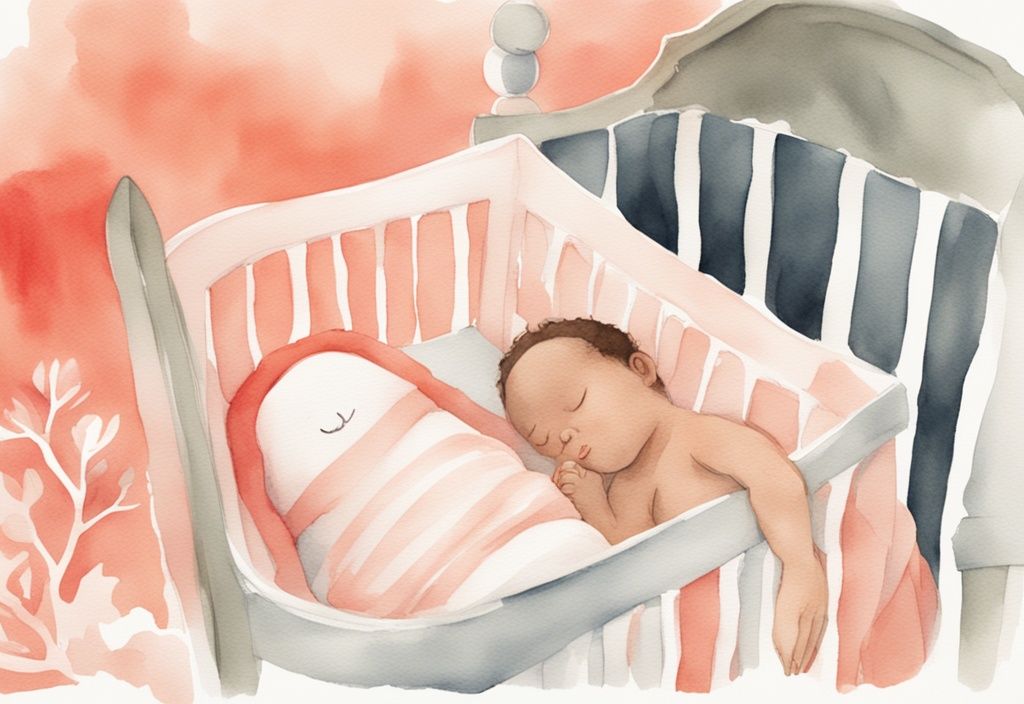 Modern watercolor illustration of gentle hands placing a sleeping baby into a cozy crib, highlighting how to transfer baby to crib with a coral color theme.