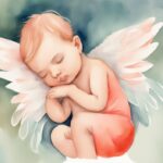 Modern watercolor illustration of a newborn baby with translucent wings, symbolizing an angel baby; explore what is an angel baby in this serene coral-themed artwork.