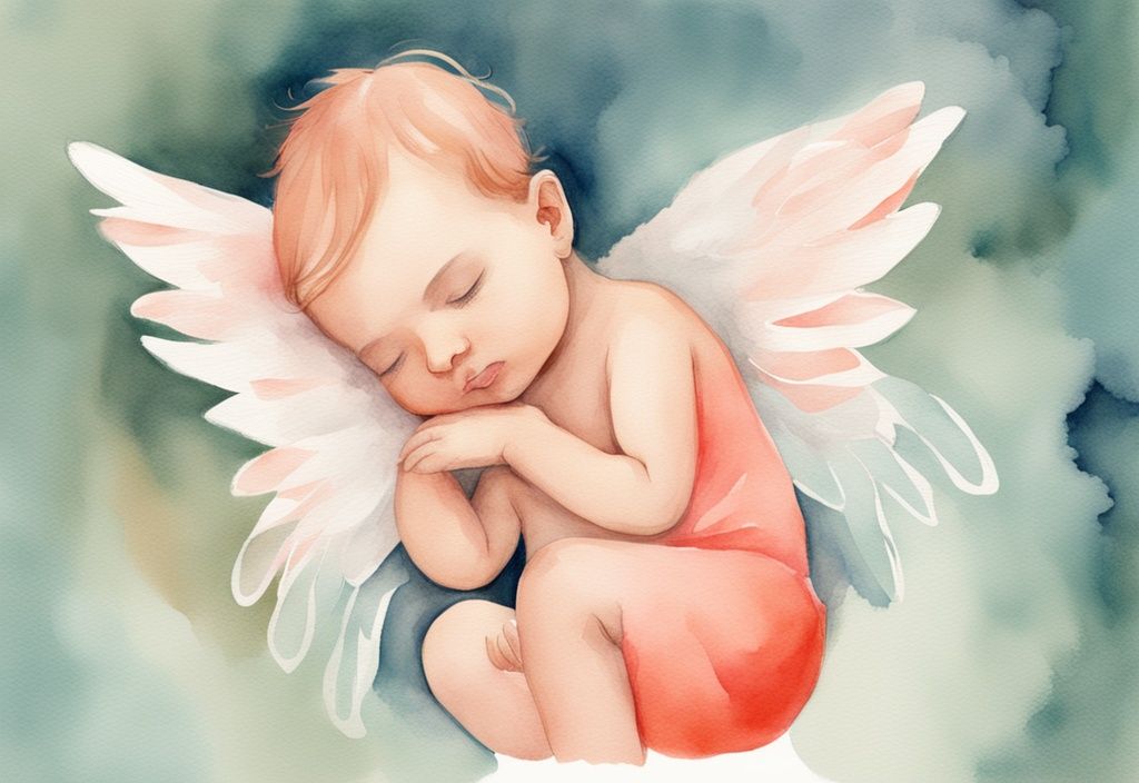 Modern watercolor illustration of a newborn baby with translucent wings, symbolizing an angel baby; explore what is an angel baby in this serene coral-themed artwork.