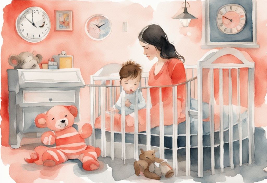 Modern watercolor illustration of a tired mother glancing at the clock as her alert baby plays with toys in a crib, featuring a coral color theme.