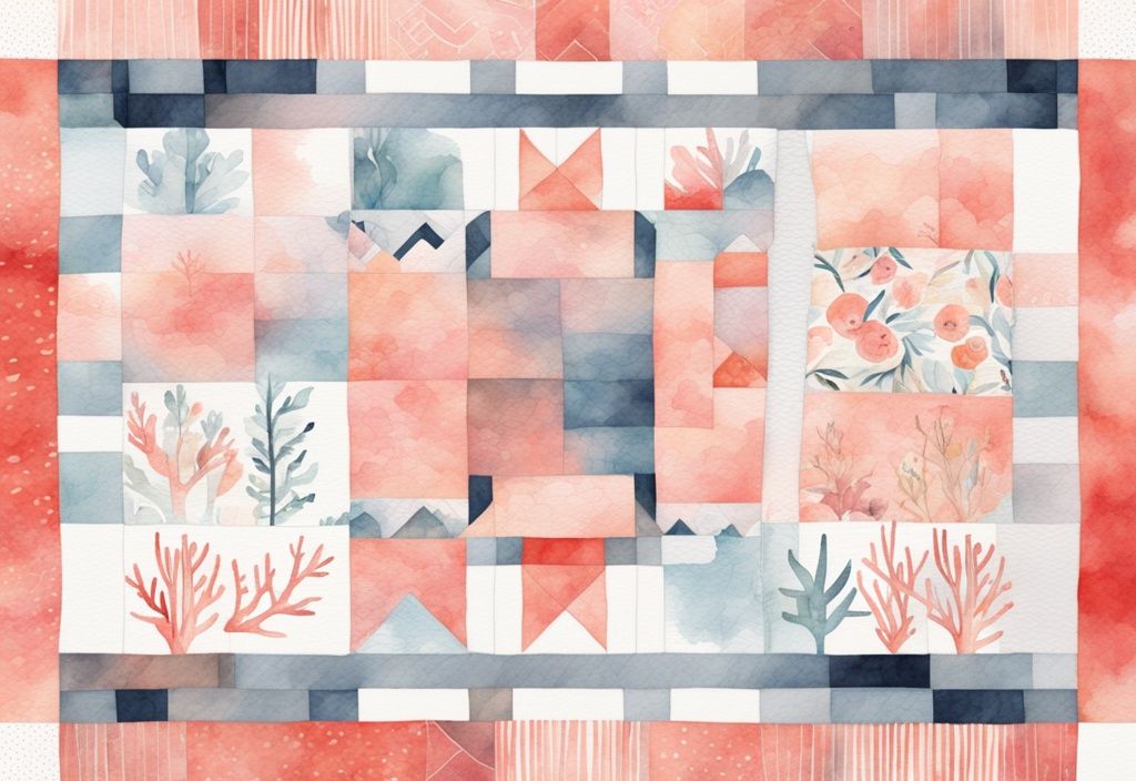 Modern watercolor illustration of a coral-themed baby quilt with a ruler for size reference, answering the question: what size is a baby quilt.