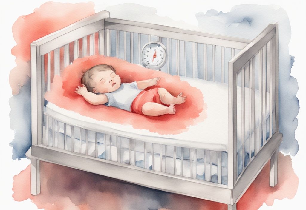 Modern watercolor illustration of a baby sleeping safely in a crib with coral theme, featuring breathable mesh crib liner, baby monitor, and room thermometer.