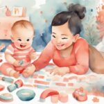 Modern watercolor illustration of a happy 5-month-old baby engaged in activities like playing with colorful educational toys, crawling on a soft rug, and being fed by a smiling parent, showcasing what to do with a 5 month old baby all day.