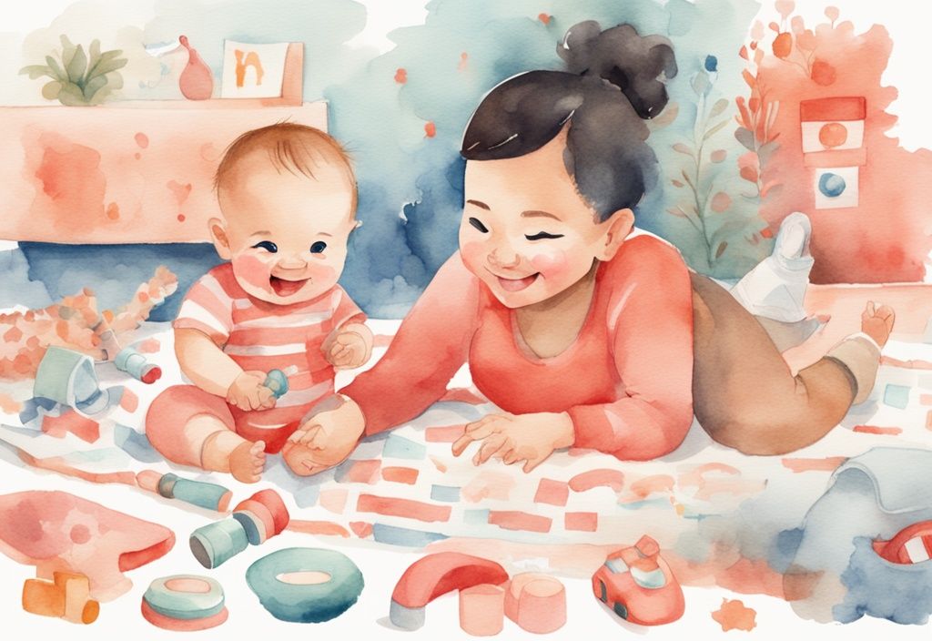 Modern watercolor illustration of a happy 5-month-old baby engaged in activities like playing with colorful educational toys, crawling on a soft rug, and being fed by a smiling parent, showcasing what to do with a 5 month old baby all day.