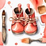 Modern watercolor illustration of coral-themed baby shoes being coated with bronze paint, showcasing how to bronze baby shoes, with a paintbrush and bronze paint pot in the background.