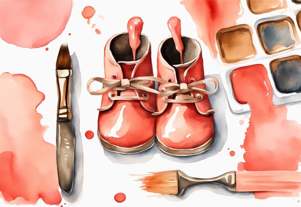 Modern watercolor illustration of coral-themed baby shoes being coated with bronze paint, showcasing how to bronze baby shoes, with a paintbrush and bronze paint pot in the background.