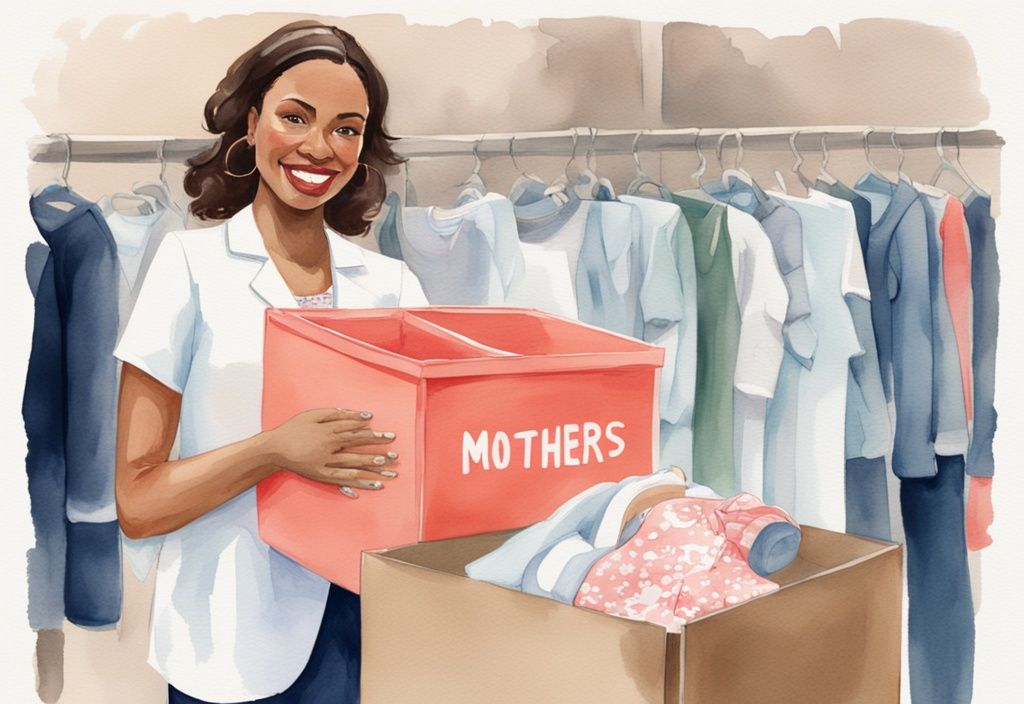 Modern watercolor illustration of a woman holding a box of baby clothes in front of a donation center for mothers in need, featuring a coral color theme.