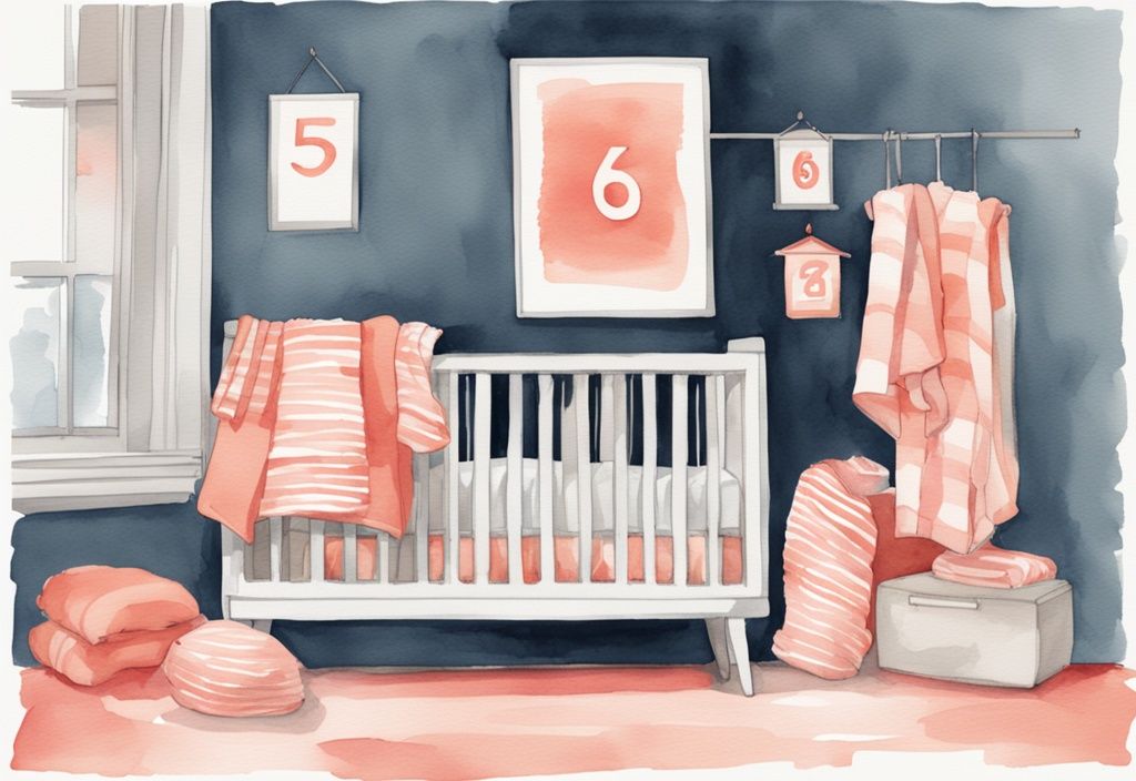 Modern watercolor nursery room illustration with coral theme, featuring stacks of baby blankets on crib, emphasizing quantity.