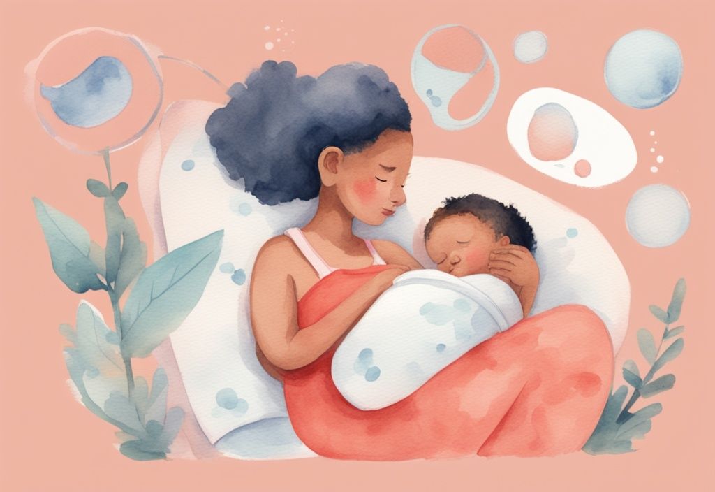 Modern watercolor illustration of a tired parent using a baby-care guidebook, featuring a coral color theme and a cartoon bubble of a baby sleeping with a dirty diaper.