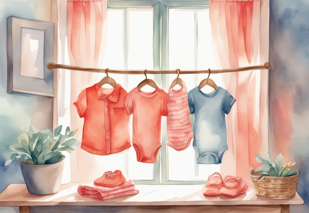 Modern watercolor illustration of coral-themed baby clothes drying on a laundry rack by a sunny window.