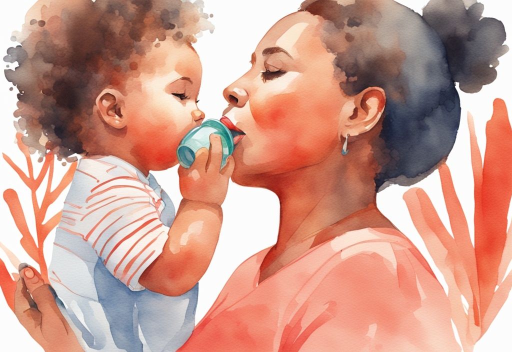 Modern watercolor illustration of a mother helping her baby drink from a colorful sippy cup, featuring a coral color theme.