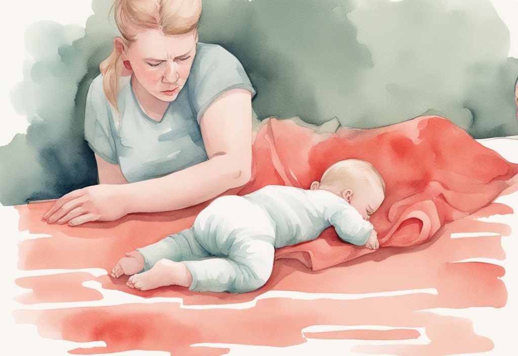 Modern watercolor illustration of a frowning baby lying on its stomach, displeased with tummy time, as a concerned parent watches, highlighting the question: why does my baby hate tummy time.