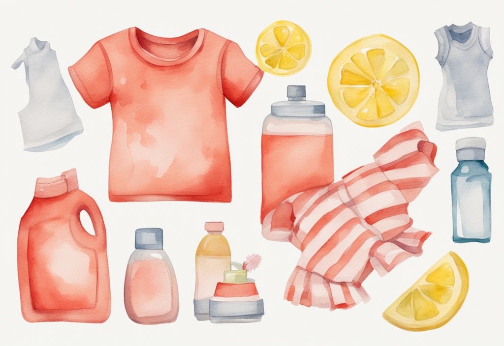 Modern watercolor illustration of baby clothes with yellow stains on a table, featuring coral color theme, alongside natural cleaning solutions like lemon, vinegar, and baking soda.