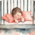 Modern watercolor illustration of a baby girl in her crib, gently tugging at her hair with sleepy eyes, addressing the question: why does my baby pull her hair when going to sleep.