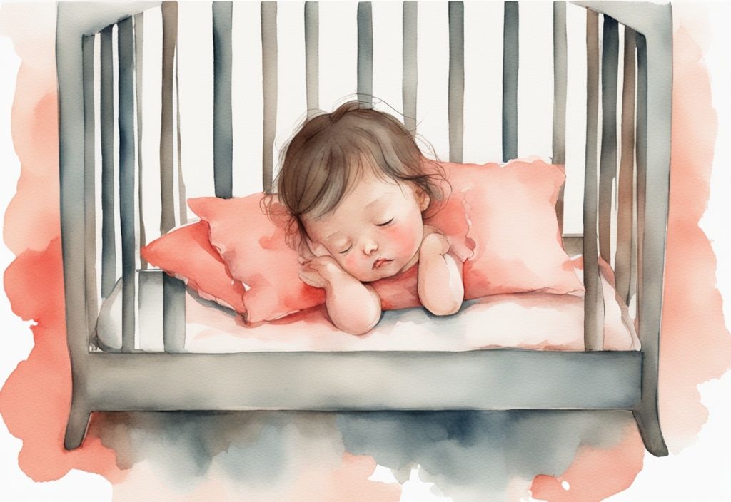 Modern watercolor illustration of a baby girl in her crib, gently tugging at her hair with sleepy eyes, addressing the question: why does my baby pull her hair when going to sleep.