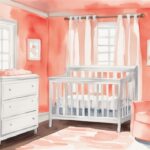 Modern watercolor illustration of a nursery room highlighting where to put baby monitor, featuring optimal placements like a shelf, high chest of drawers, and wall-mounted for clear crib visibility, with a coral color theme.