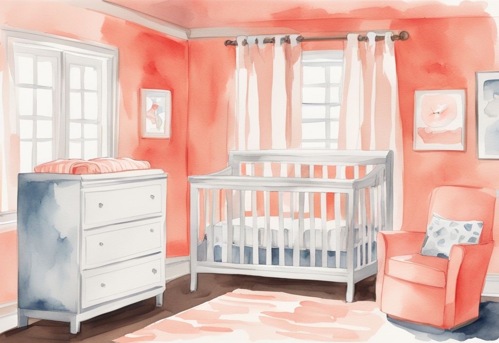 Modern watercolor illustration of a nursery room highlighting where to put baby monitor, featuring optimal placements like a shelf, high chest of drawers, and wall-mounted for clear crib visibility, with a coral color theme.