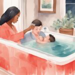 Modern watercolor illustration of a concerned mother holding a thermometer reading a safe temperature as the father gently places a baby into a hot tub, addressing the question: what temperature can a baby go in a hot tub.