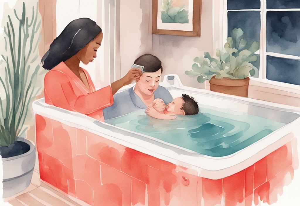 Modern watercolor illustration of a concerned mother holding a thermometer reading a safe temperature as the father gently places a baby into a hot tub, addressing the question: what temperature can a baby go in a hot tub.