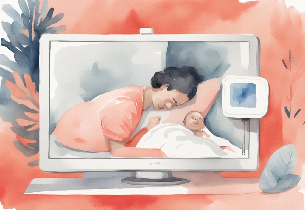 Modern watercolor illustration of a parent using a baby monitor with activated VOX feature, coral color theme.