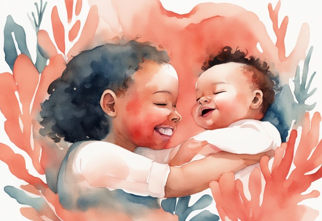 Modern watercolor illustration of a cheerful infant on its back with a smiling adult gently pressing the baby's tummy, coral color theme.