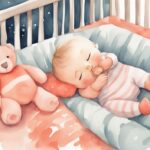 Modern watercolor illustration of a baby peacefully sleeping in a crib with a stuffed animal beside them, addressing the question of when can a baby sleep with a stuffed animal, in a coral color theme.