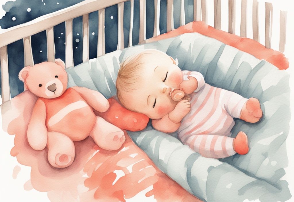 Modern watercolor illustration of a baby peacefully sleeping in a crib with a stuffed animal beside them, addressing the question of when can a baby sleep with a stuffed animal, in a coral color theme.