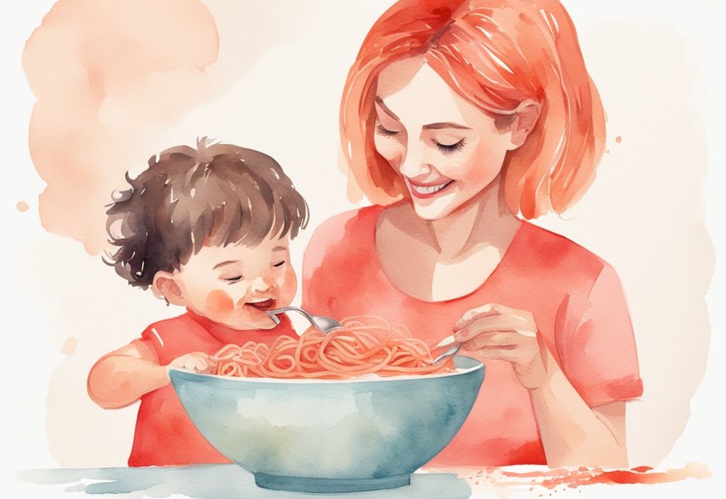 Modern watercolor illustration of a mother feeding her smiling baby chopped spaghetti in a coral-themed, kid-friendly bowl.