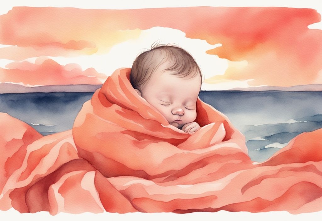 Modern watercolor illustration of a baby swaddled in blankets, sleeping peacefully against a coral-themed sunrise backdrop.