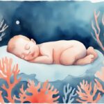 Modern watercolor illustration of a sleeping baby in soothing blue light, highlighting what color light helps baby sleep, with a coral color theme.