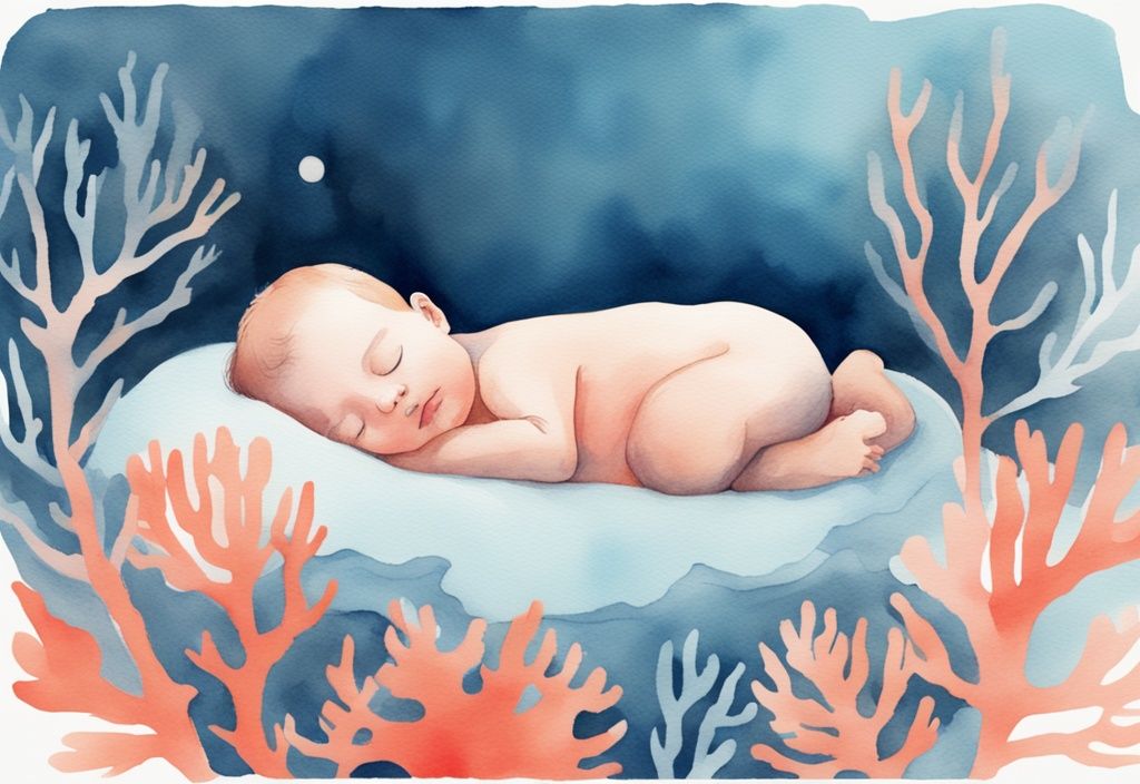 Modern watercolor illustration of a sleeping baby in soothing blue light, highlighting what color light helps baby sleep, with a coral color theme.