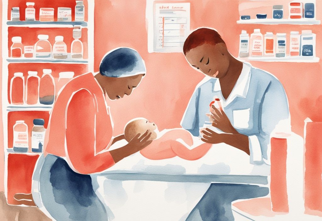 Modern watercolor illustration of a parent administering Tylenol and Motrin to a baby, featuring coral color theme, with medicaments and alternating schedule chart, illustrating how to alternate Tylenol and Motrin for baby.