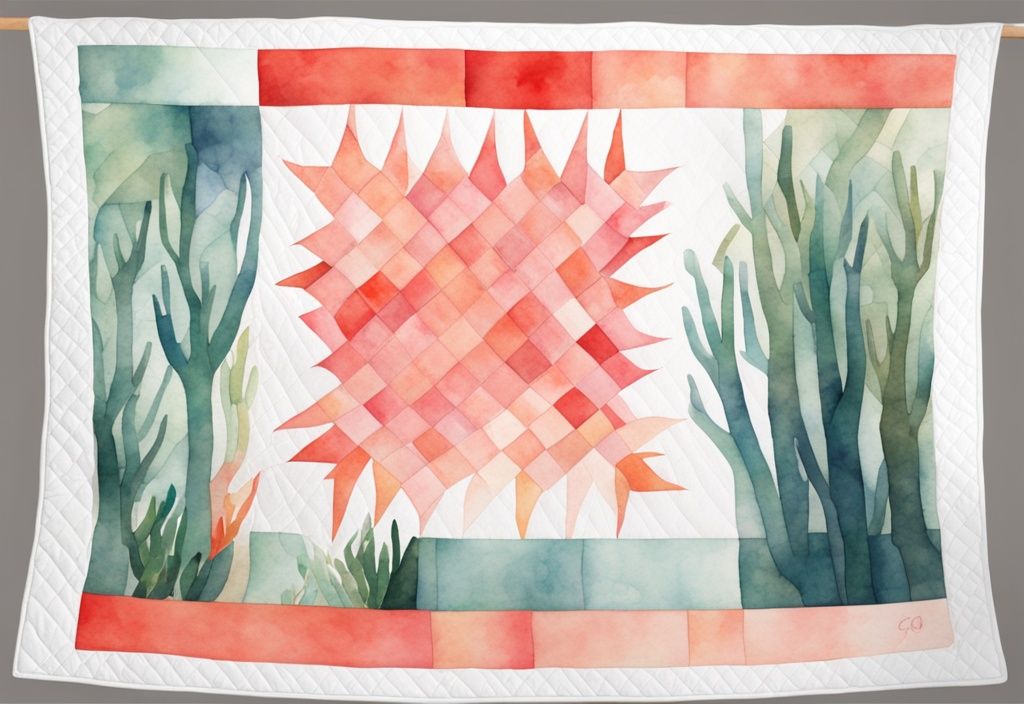 Modern watercolor illustration of a coral-themed baby quilt draped over a ruler, showcasing its dimensions.