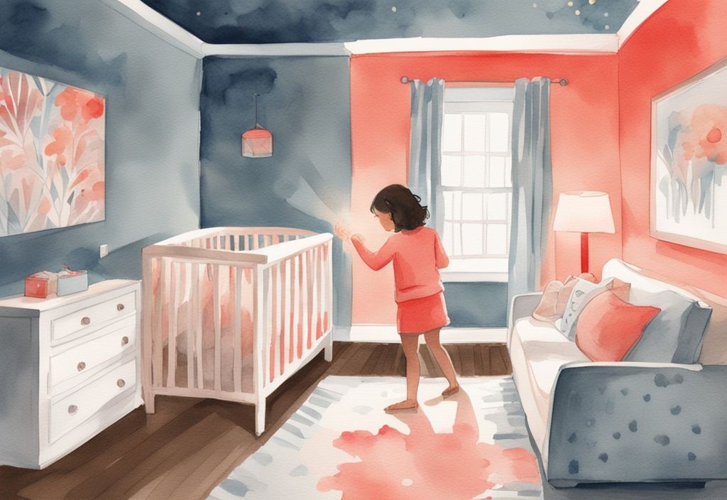 Modern watercolor illustration of a parent turning off a red nightlight in a coral-themed baby's room, symbolizing transition to normal lighting.