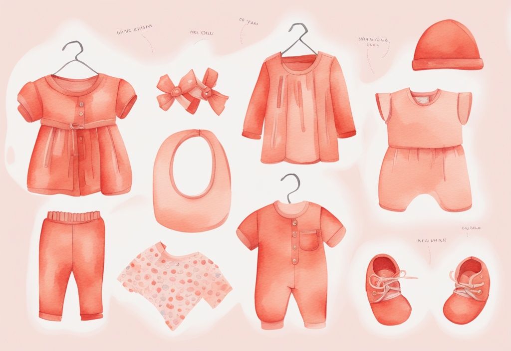 Modern watercolor illustration of coral-themed baby clothes with size labels and sizing guide on a table.